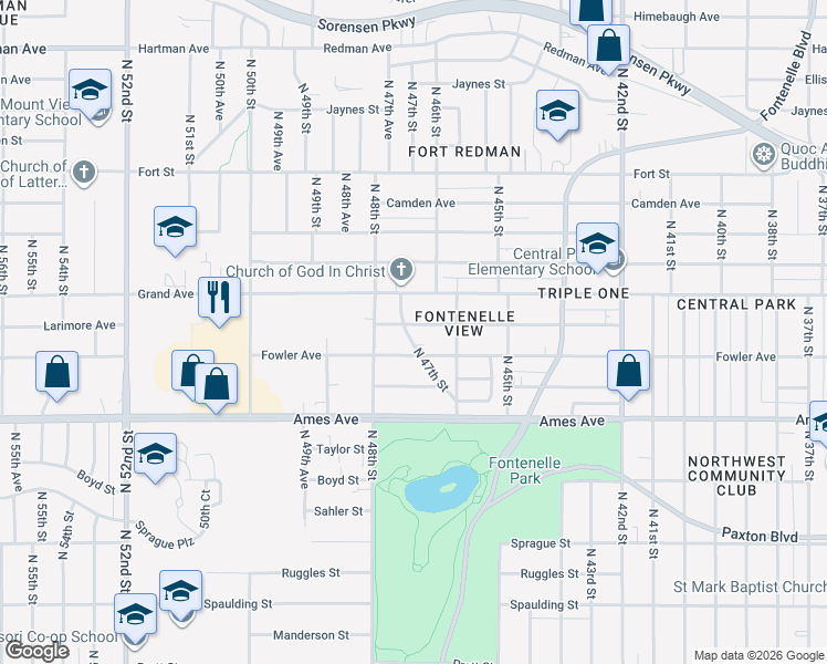 map of restaurants, bars, coffee shops, grocery stores, and more near 4632 Larimore Avenue in Omaha