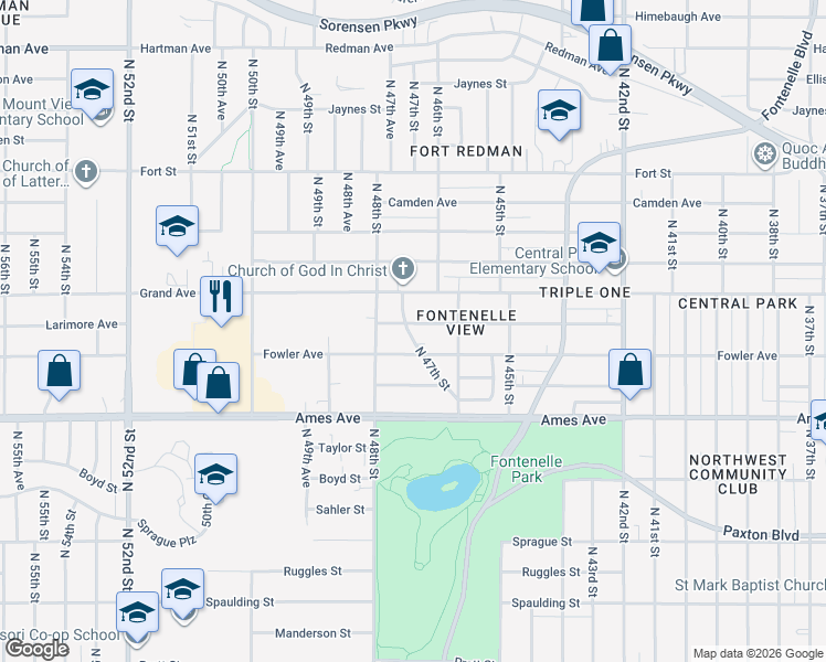 map of restaurants, bars, coffee shops, grocery stores, and more near 4632 Larimore Avenue in Omaha