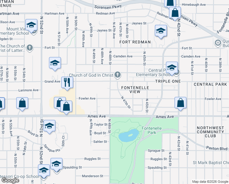 map of restaurants, bars, coffee shops, grocery stores, and more near 4720 Larimore Avenue in Omaha