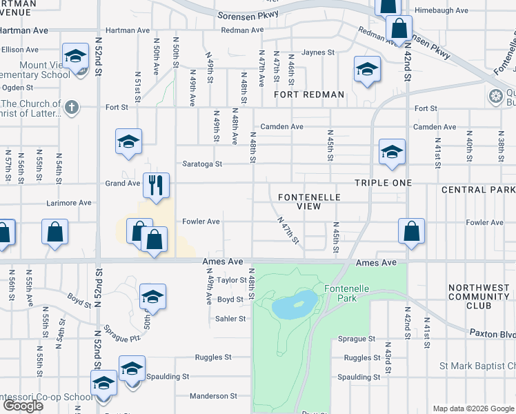 map of restaurants, bars, coffee shops, grocery stores, and more near 4720 Larimore Avenue in Omaha