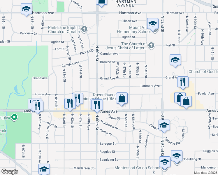 map of restaurants, bars, coffee shops, grocery stores, and more near 5812 Larimore Avenue in Omaha