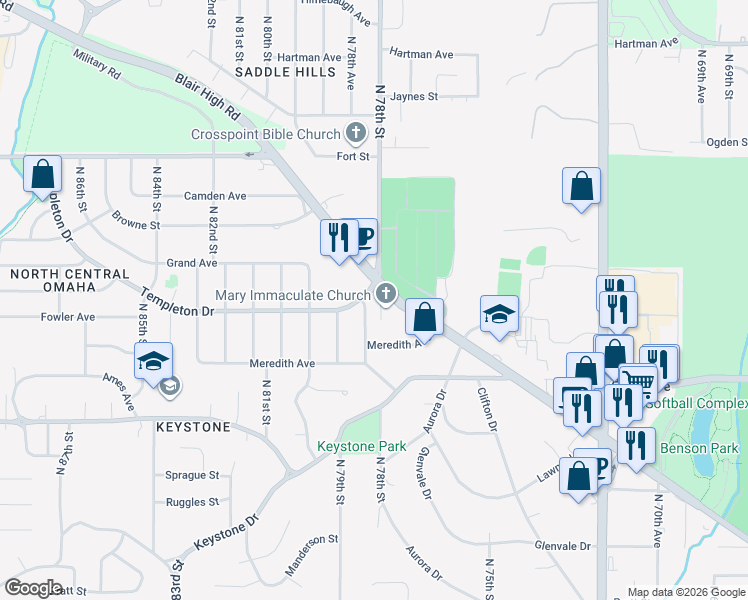 map of restaurants, bars, coffee shops, grocery stores, and more near in Omaha