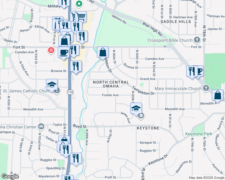 map of restaurants, bars, coffee shops, grocery stores, and more near 8608 Larimore Avenue in Omaha