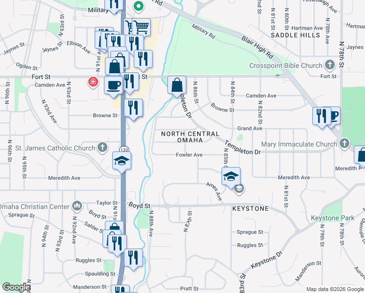 map of restaurants, bars, coffee shops, grocery stores, and more near 8712 Larimore Avenue in Omaha
