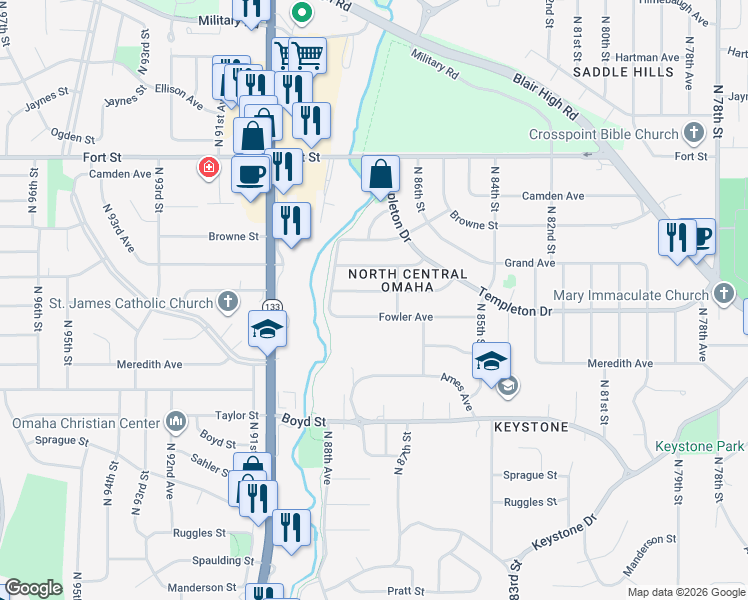 map of restaurants, bars, coffee shops, grocery stores, and more near 8712 Larimore Avenue in Omaha