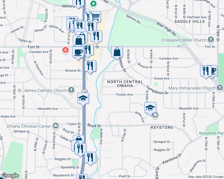 map of restaurants, bars, coffee shops, grocery stores, and more near 8712 Larimore Avenue in Omaha