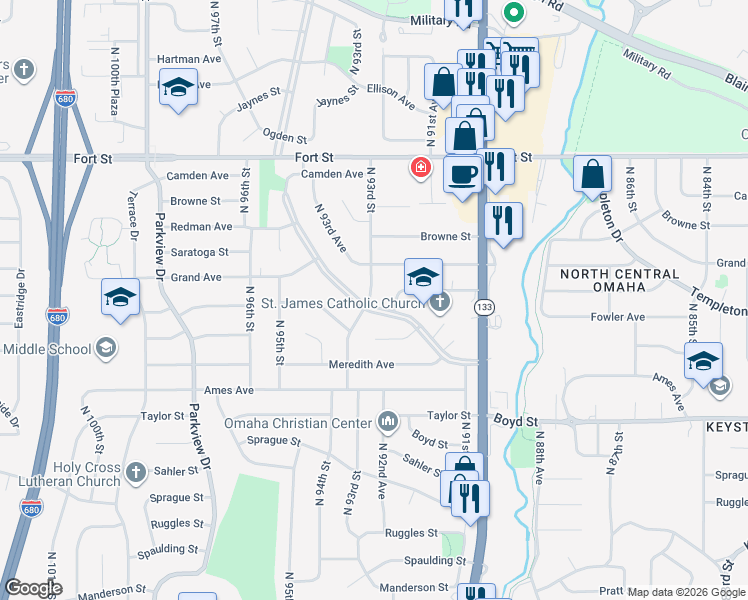 map of restaurants, bars, coffee shops, grocery stores, and more near 4811 North 93rd Street in Omaha