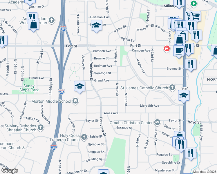 map of restaurants, bars, coffee shops, grocery stores, and more near 9703 Grand Avenue in Omaha