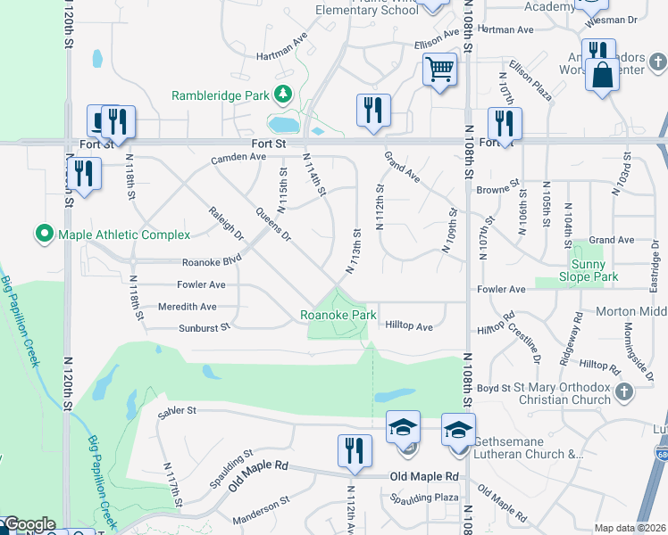 map of restaurants, bars, coffee shops, grocery stores, and more near 4814 North 114th Street in Omaha