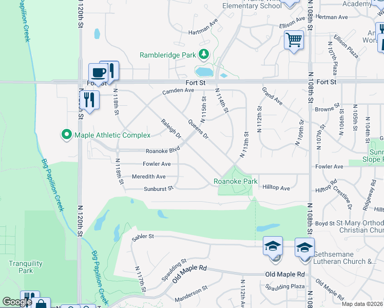map of restaurants, bars, coffee shops, grocery stores, and more near 11417 Raleigh Drive in Omaha