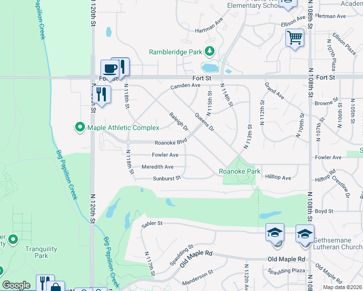 map of restaurants, bars, coffee shops, grocery stores, and more near 11656 Roanoke Boulevard in Omaha