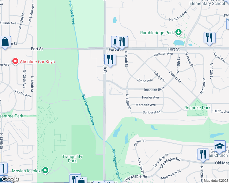 map of restaurants, bars, coffee shops, grocery stores, and more near 11829-11851 Roanoke Boulevard in Omaha