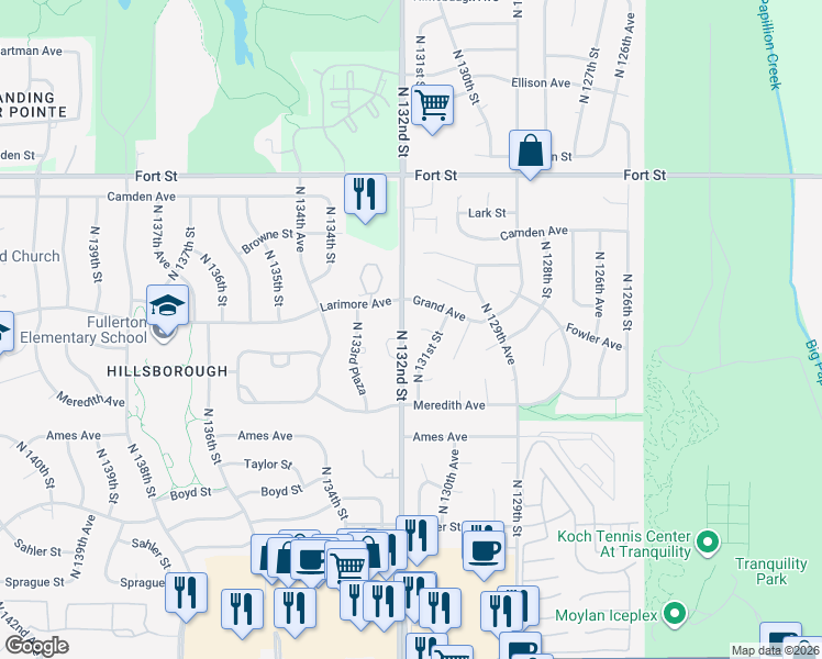 map of restaurants, bars, coffee shops, grocery stores, and more near 4806 North 132nd Street in Omaha