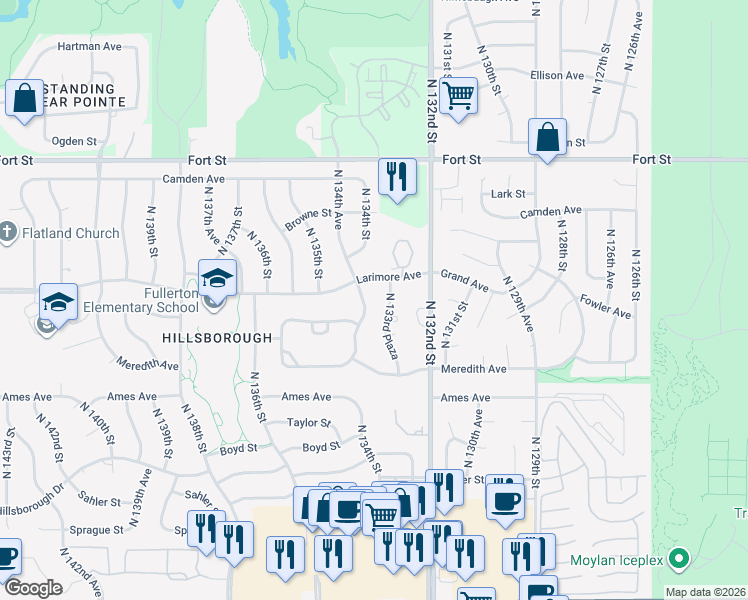 map of restaurants, bars, coffee shops, grocery stores, and more near 4825 North 133rd Plaza in Omaha