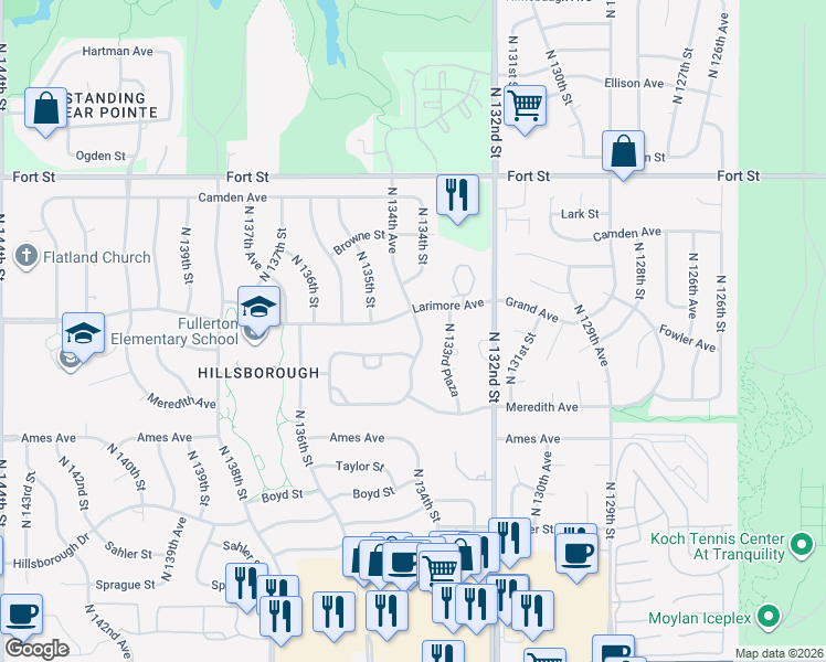 map of restaurants, bars, coffee shops, grocery stores, and more near 13451 Larimore Avenue in Omaha