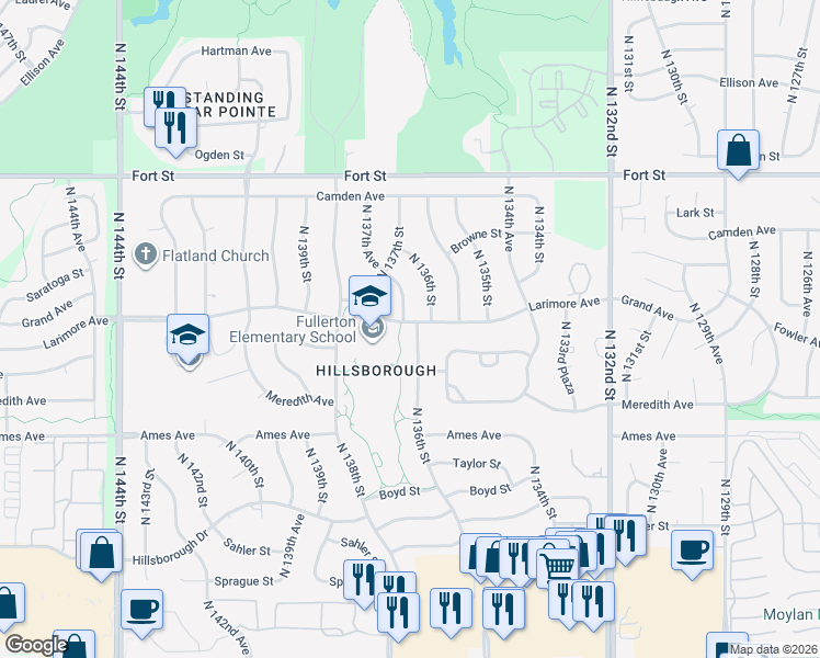 map of restaurants, bars, coffee shops, grocery stores, and more near 4801 North 136th Avenue in Omaha