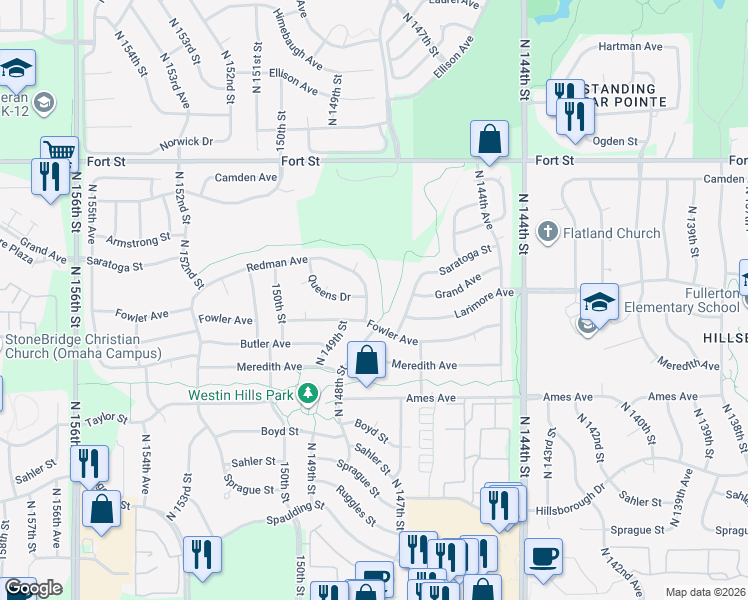 map of restaurants, bars, coffee shops, grocery stores, and more near 4757 North 148th Street in Omaha