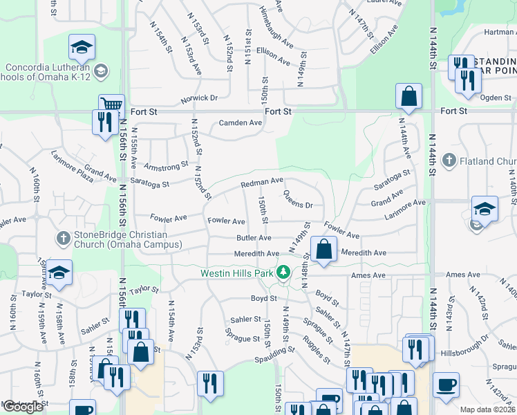 map of restaurants, bars, coffee shops, grocery stores, and more near 4736 North 150th Street in Omaha