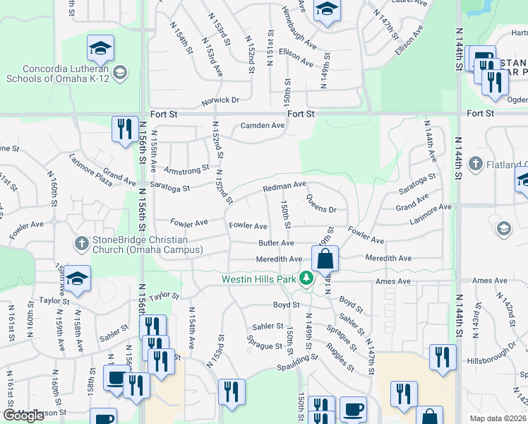map of restaurants, bars, coffee shops, grocery stores, and more near 4736 North 150th Street in Omaha