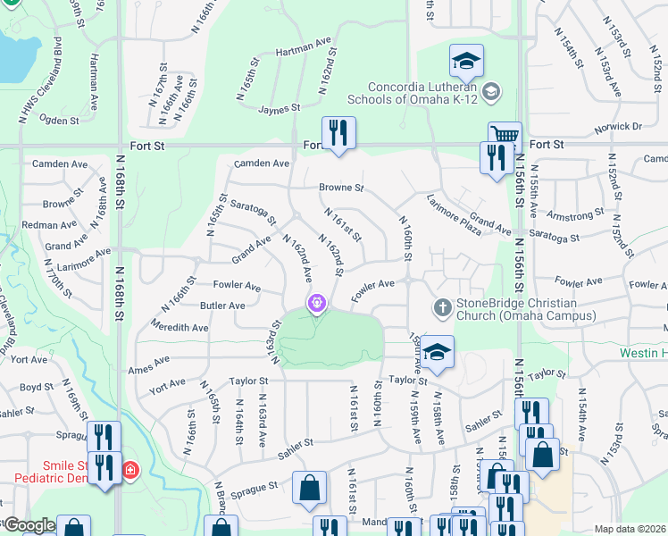 map of restaurants, bars, coffee shops, grocery stores, and more near 4809 North 162nd Street in Omaha