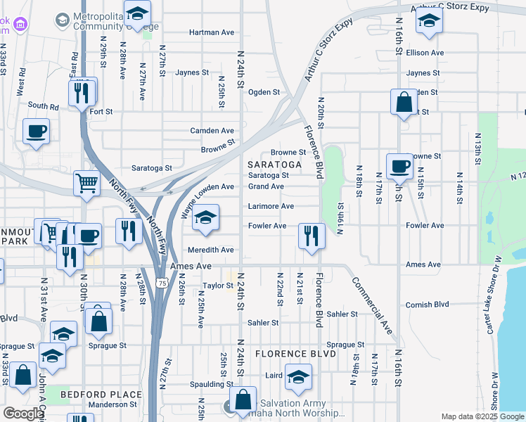 map of restaurants, bars, coffee shops, grocery stores, and more near 2222 Larimore Avenue in Omaha