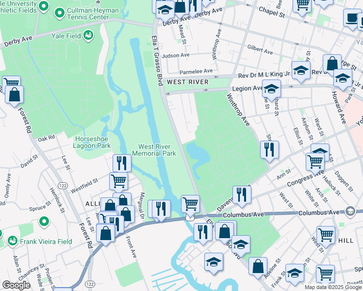 map of restaurants, bars, coffee shops, grocery stores, and more near Connecticut 10 in New Haven