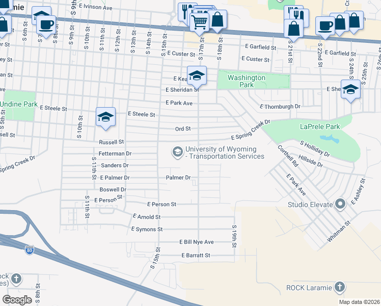 map of restaurants, bars, coffee shops, grocery stores, and more near 1228 South 17th Street in Laramie