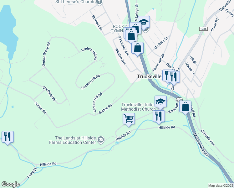 map of restaurants, bars, coffee shops, grocery stores, and more near 31 Sutton Road in Trucksville