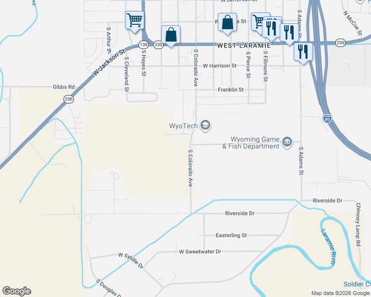 map of restaurants, bars, coffee shops, grocery stores, and more near 1116 South Colorado Avenue in Laramie