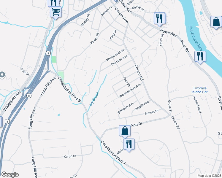map of restaurants, bars, coffee shops, grocery stores, and more near 48 Pawtucket Avenue in Shelton