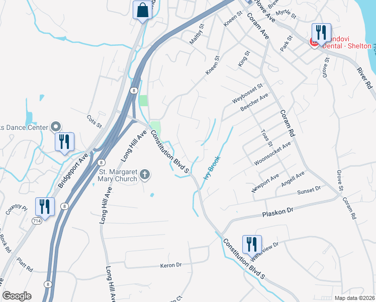 map of restaurants, bars, coffee shops, grocery stores, and more near 10 Stonegate Lane in Shelton