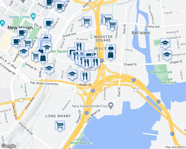map of restaurants, bars, coffee shops, grocery stores, and more near 106 Wooster Street in New Haven