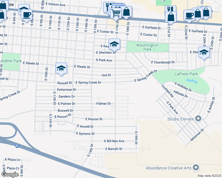 map of restaurants, bars, coffee shops, grocery stores, and more near 1228 South 17th Street in Laramie