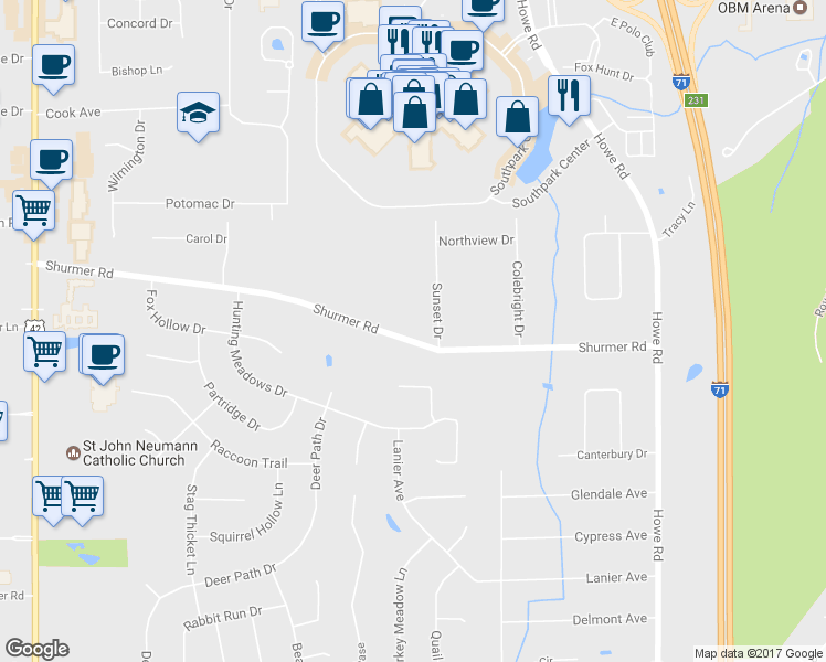 map of restaurants, bars, coffee shops, grocery stores, and more near 17140 Shurmer Road in Strongsville