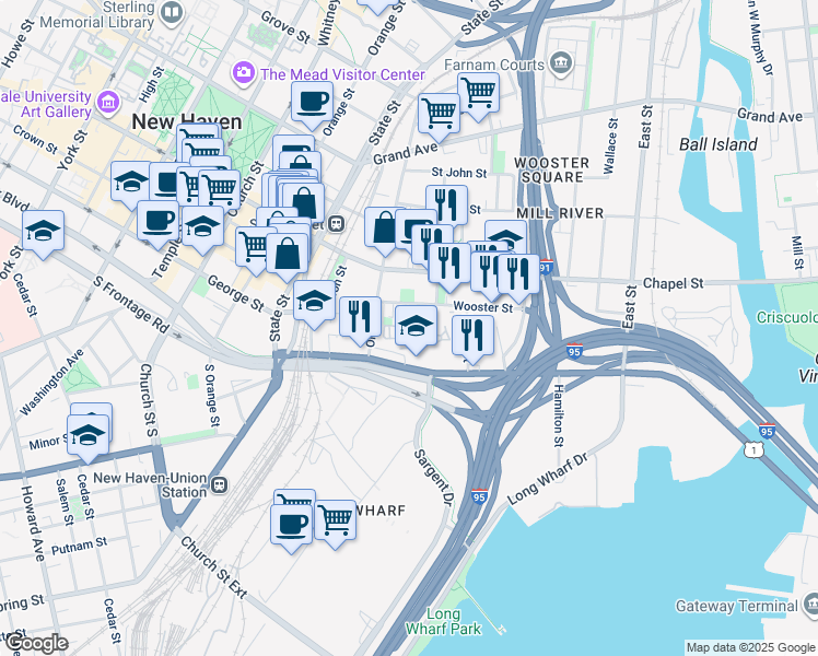 map of restaurants, bars, coffee shops, grocery stores, and more near 55 Warren Street in New Haven