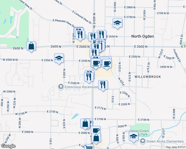 map of restaurants, bars, coffee shops, grocery stores, and more near 2426 North Washington Boulevard in North Ogden