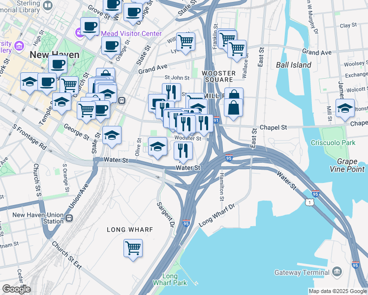 map of restaurants, bars, coffee shops, grocery stores, and more near 138 Wooster Street in New Haven