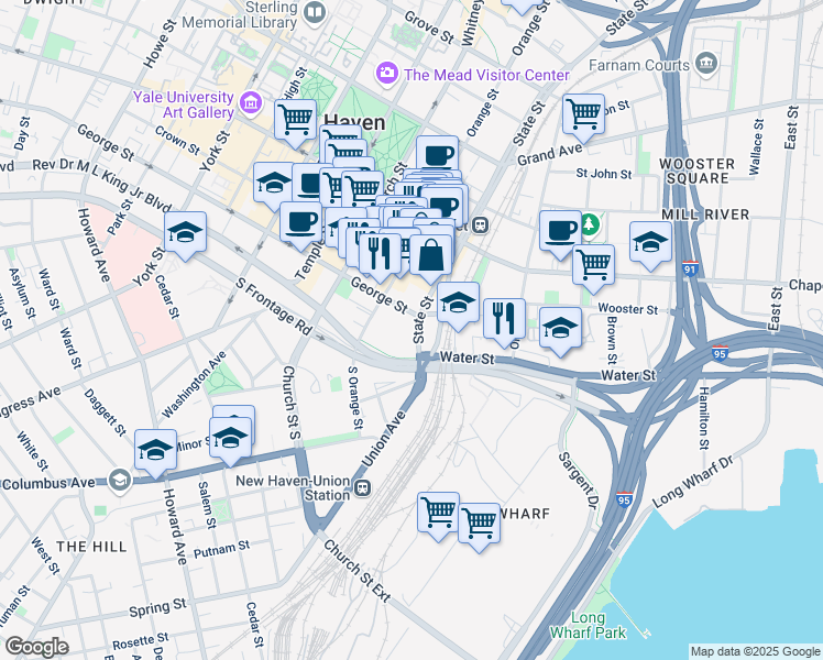 map of restaurants, bars, coffee shops, grocery stores, and more near 1 State Street in New Haven