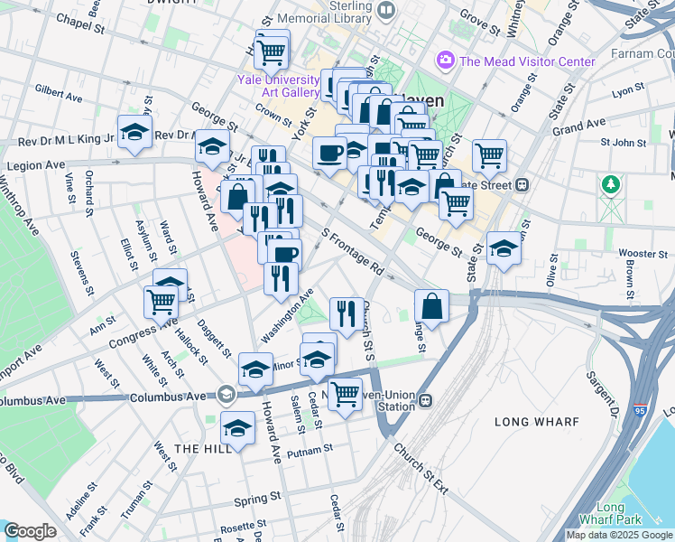 map of restaurants, bars, coffee shops, grocery stores, and more near 109 Congress Avenue in New Haven