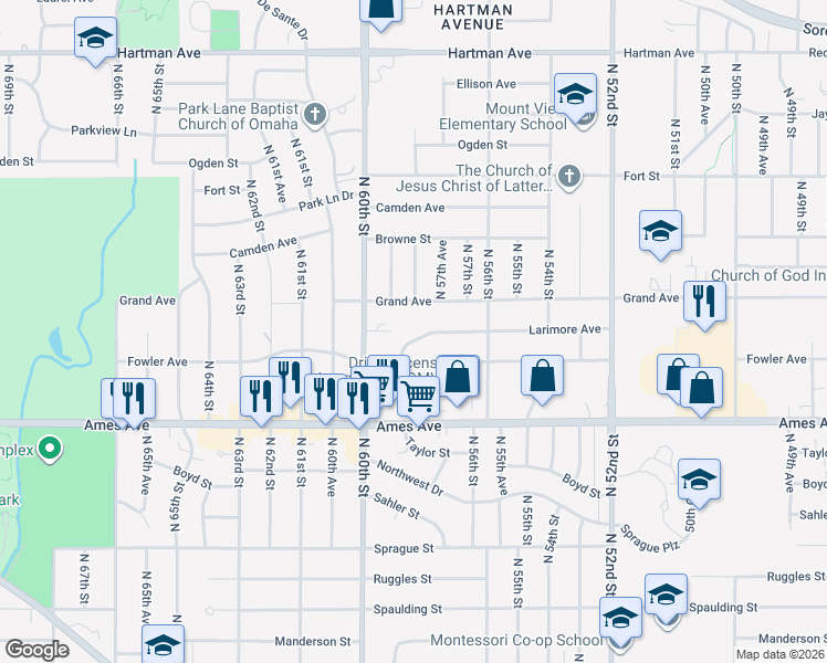 map of restaurants, bars, coffee shops, grocery stores, and more near 5812 Larimore Avenue in Omaha