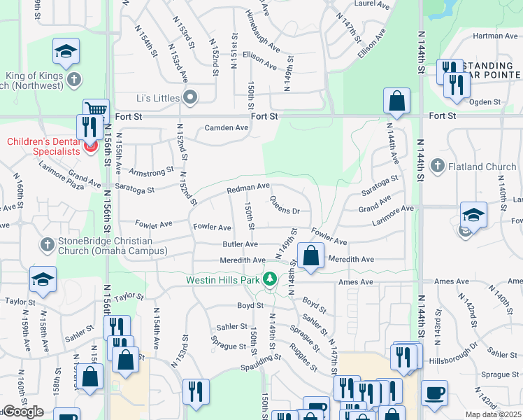 map of restaurants, bars, coffee shops, grocery stores, and more near 4741 N 149th Ave Cir in Omaha