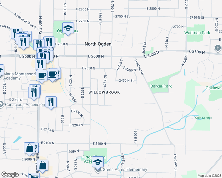 map of restaurants, bars, coffee shops, grocery stores, and more near 692 2400 North Street in Ogden