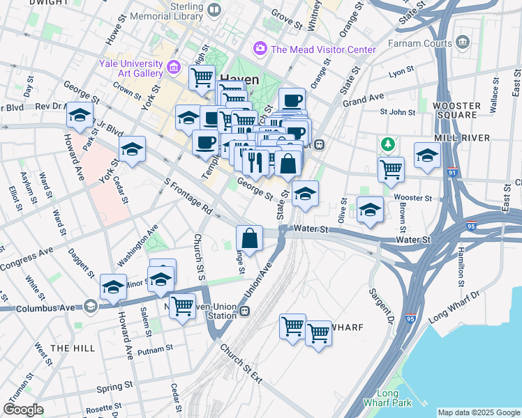 map of restaurants, bars, coffee shops, grocery stores, and more near 275 South Orange Street in New Haven