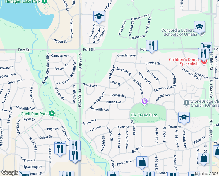 map of restaurants, bars, coffee shops, grocery stores, and more near 4901 North 165th Street in Omaha