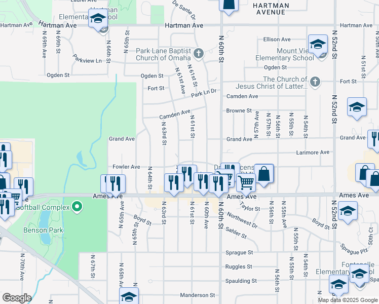 map of restaurants, bars, coffee shops, grocery stores, and more near 4722 North 61st Street in Omaha