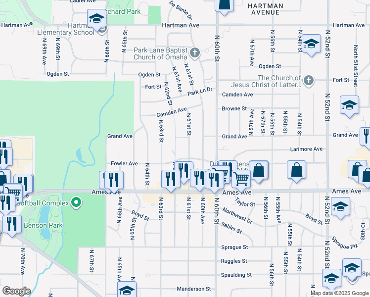 map of restaurants, bars, coffee shops, grocery stores, and more near 4722 North 61st Street in Omaha