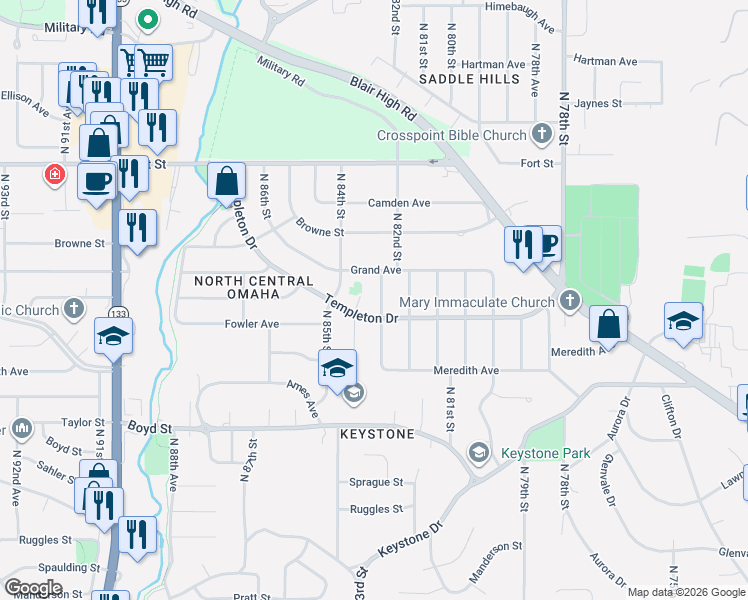 map of restaurants, bars, coffee shops, grocery stores, and more near 4727 North 83rd Avenue Circle in Omaha