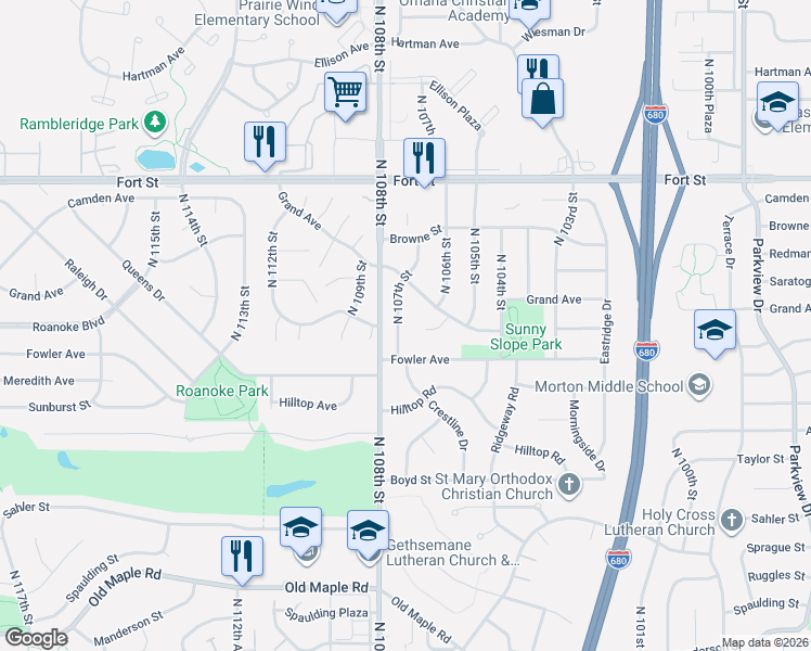 map of restaurants, bars, coffee shops, grocery stores, and more near 4804 North 107th Street in Omaha