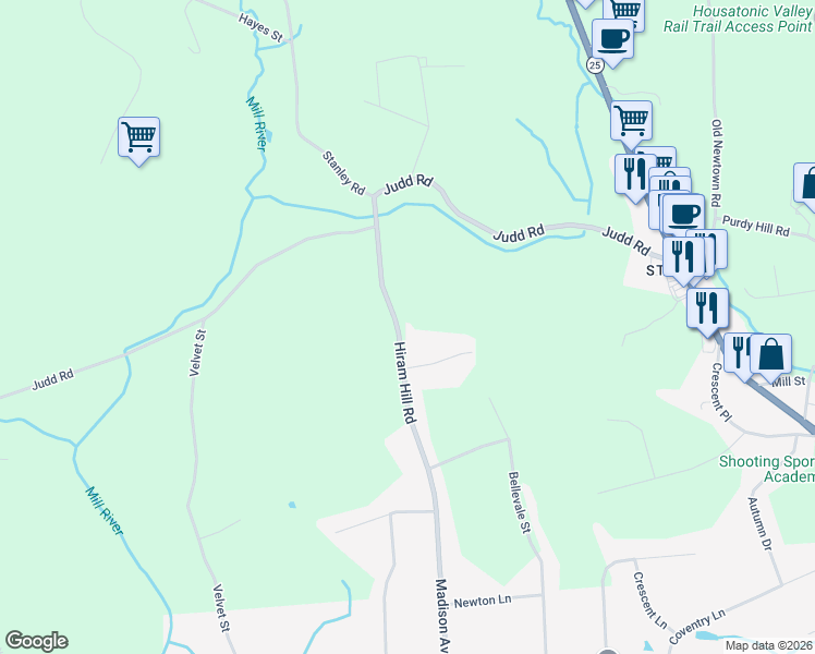 map of restaurants, bars, coffee shops, grocery stores, and more near 108 Hiram Hill Road in Monroe