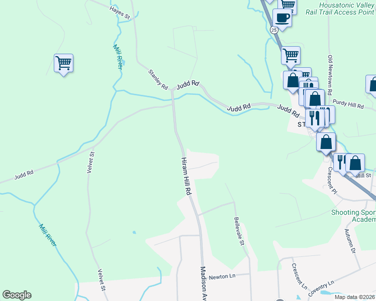 map of restaurants, bars, coffee shops, grocery stores, and more near 108 Hiram Hill Road in Monroe